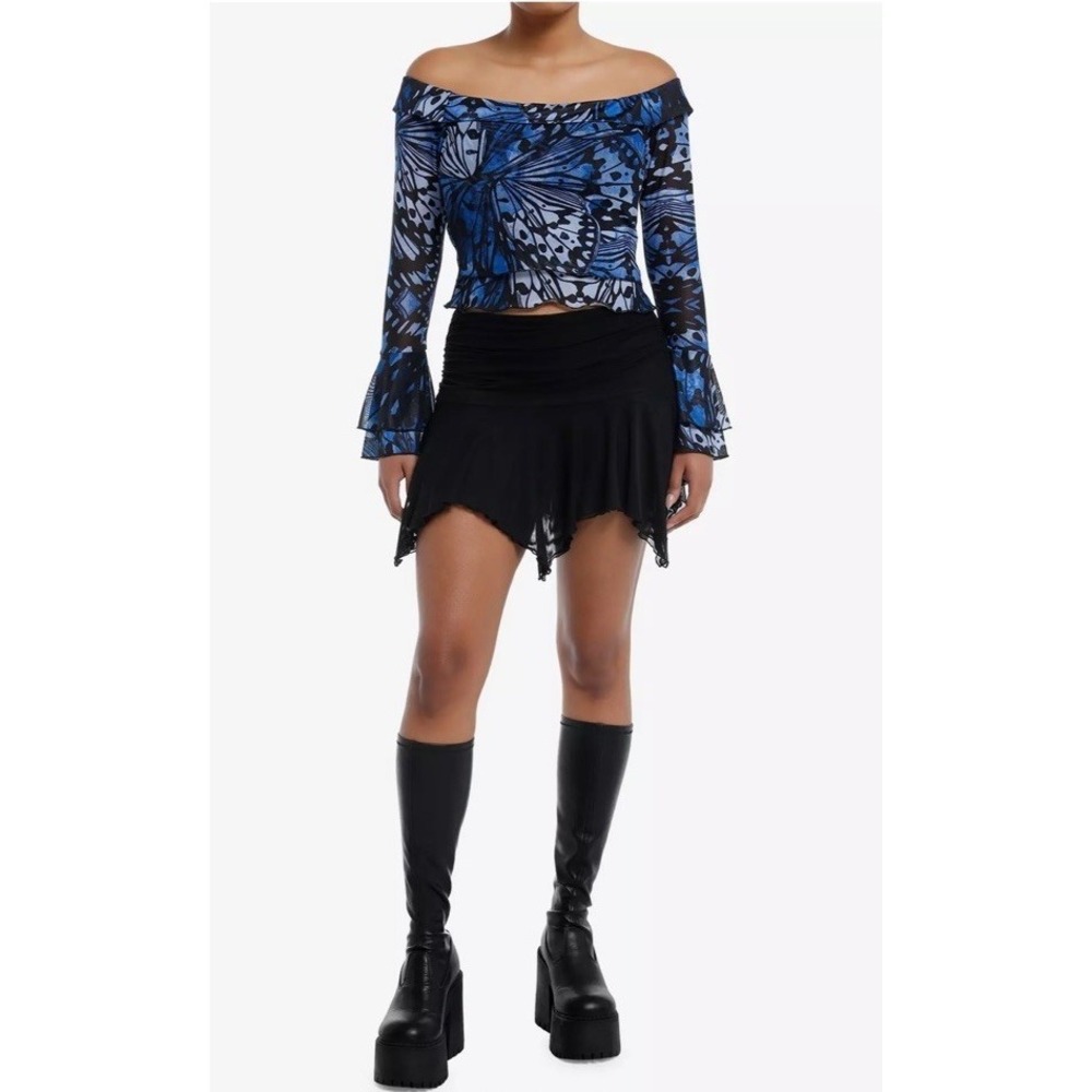 Hot Topic Black & Blue Butterfly Ruffle Long-Sleeve Top Size XS Cropped Flare